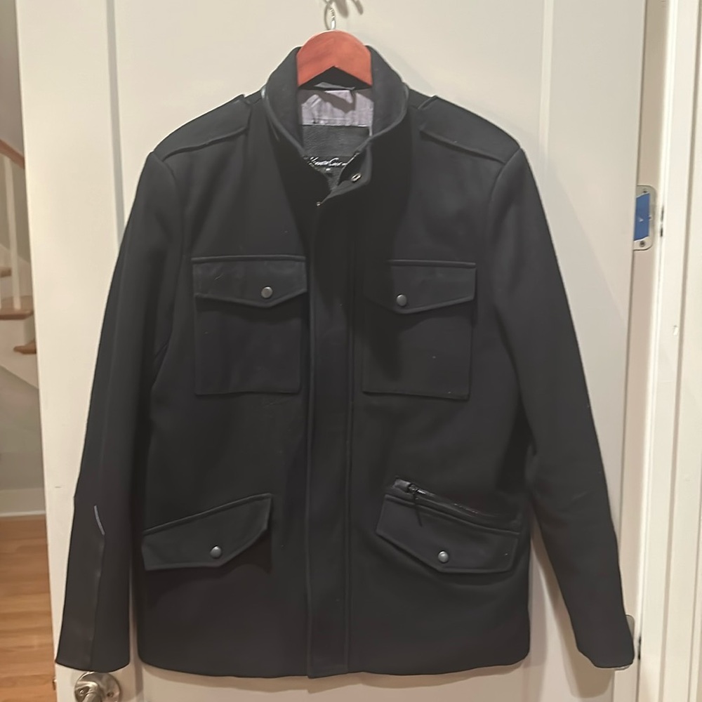 Kenneth Cole NY men’s black cotton and leather jacket.  Size is medium.